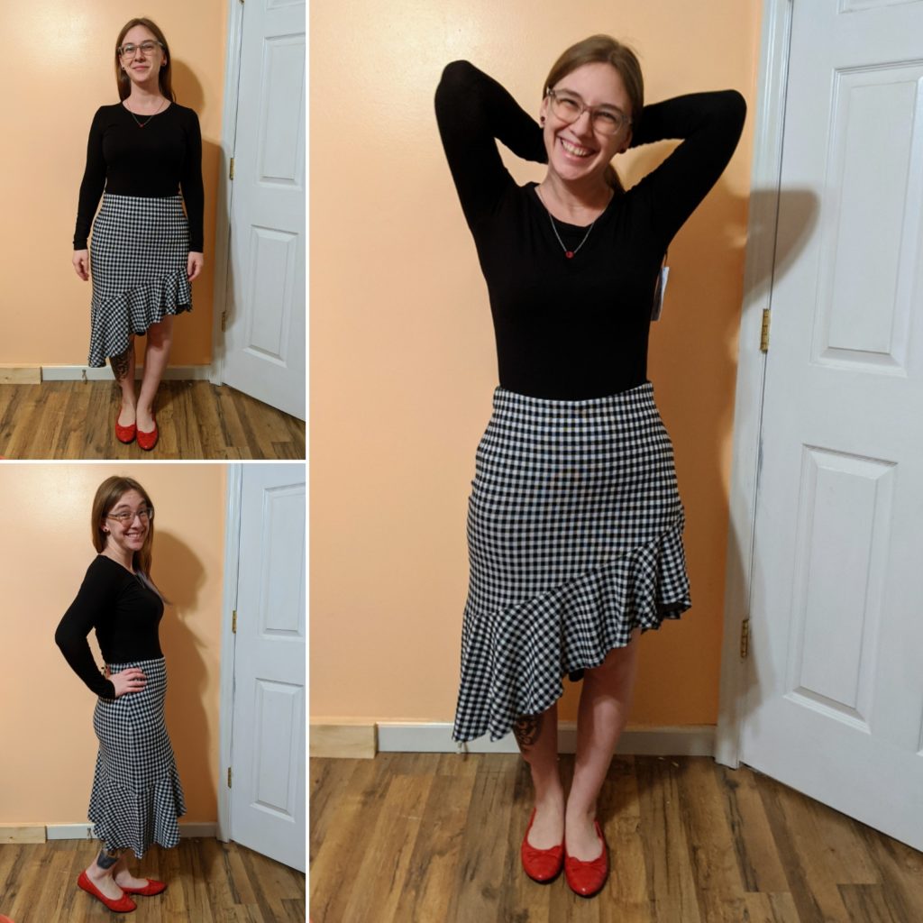 Long-Sleeve Crew Neck, Gingham Ruffle Skirt, & Ballet Flat