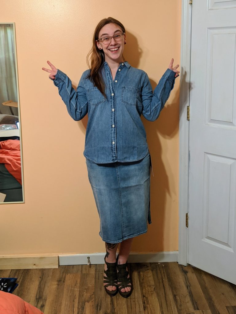 chambray top & denim skirt