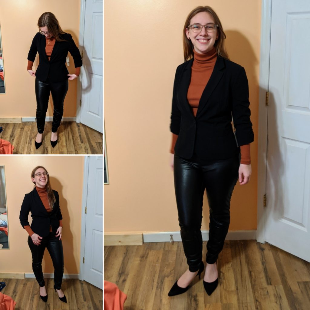 blazer, turtleneck, & heels