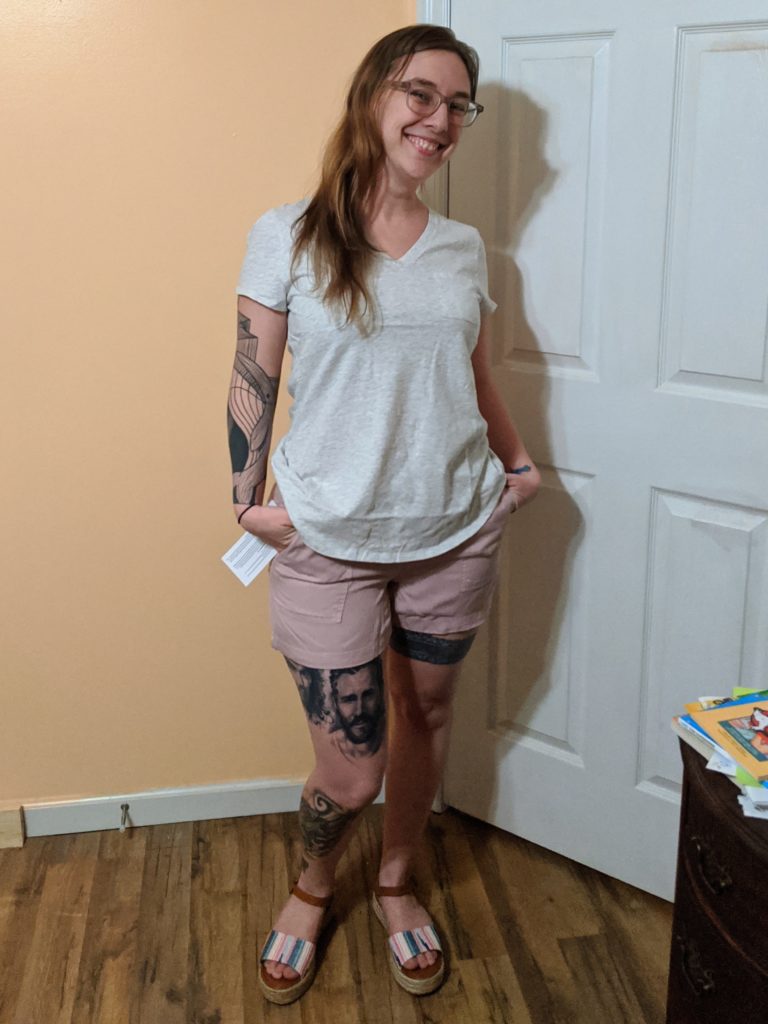 t-shirt, shorts, and sandals