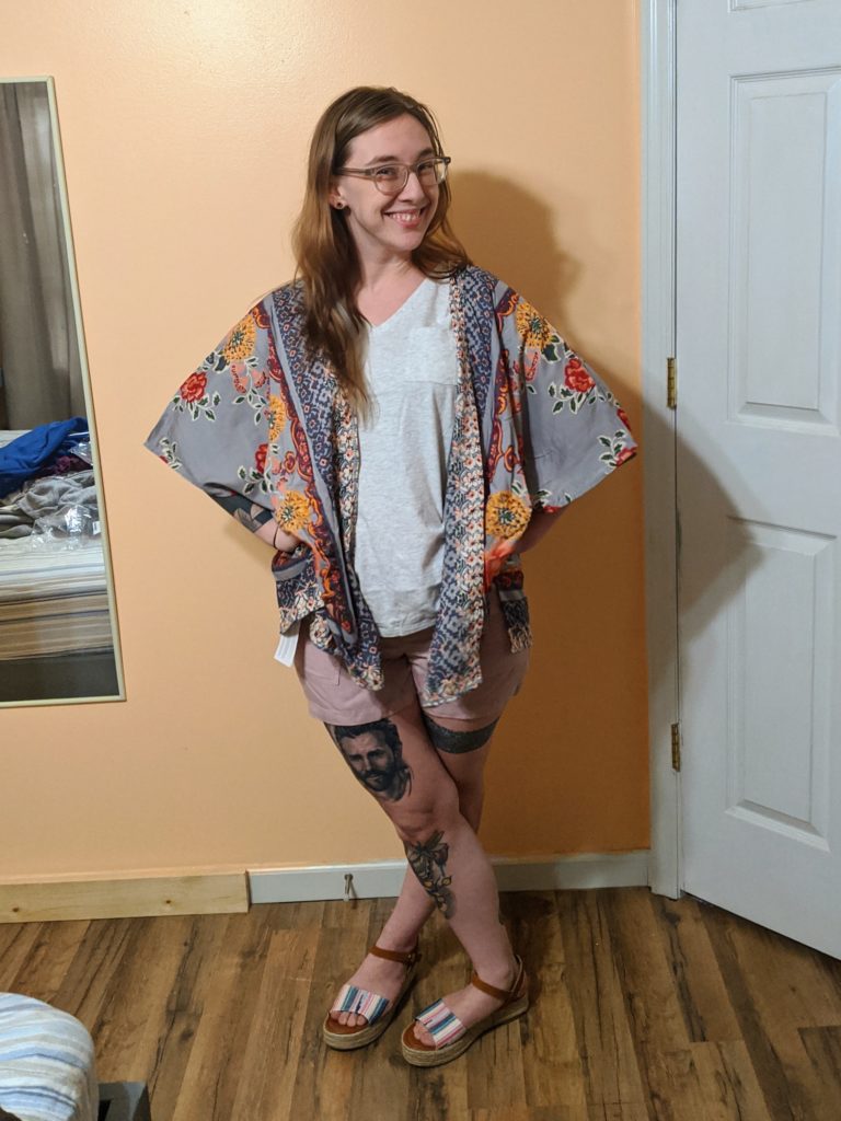 t-shirt, shorts, sandals, and kimono