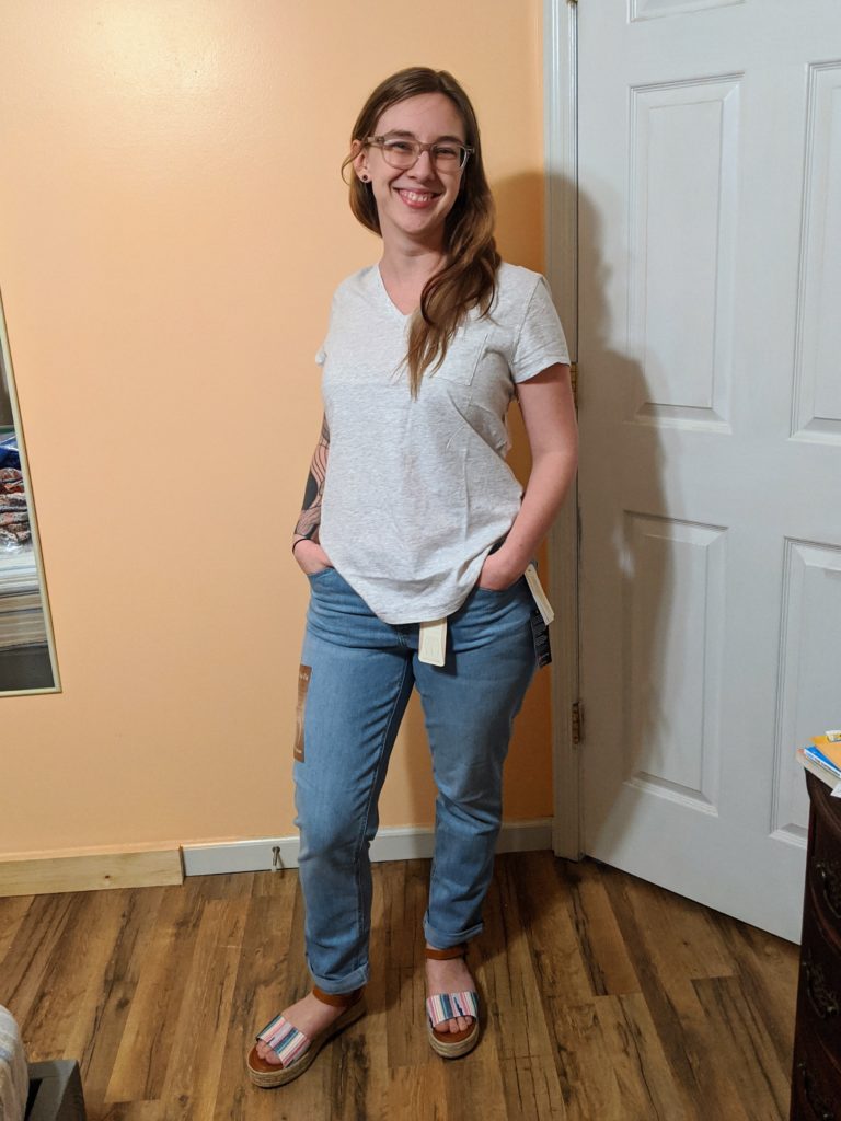 t-shirt, jeans, and sandals